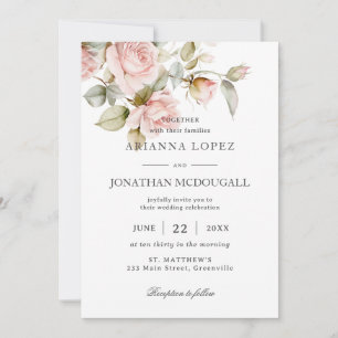 Rustic Elegance Pale Pink Roses Floral Wedding Invitation