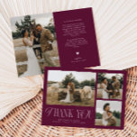 Rustic Elegance Photo Collage Wedding Cranbery Thank You Card<br><div class="desc">Rustic and elegant wedding thank you card featuring a typography text that says "thank you" in a font that is mixed with script and serif fonts. This template has 3 pictures on the front and 1 on the back. The background colour is cranberry red.</div>