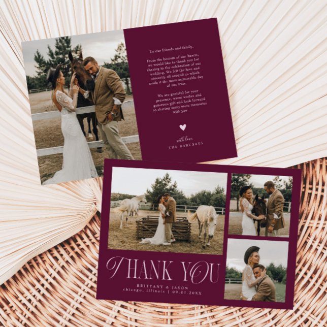 Rustic Elegance Photo Collage Wedding Cranbery Thank You Card (Creator Uploaded)