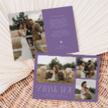Rustic Elegance Photo Collage Wedding Purple Thank You Card<br><div class="desc">Rustic and elegant wedding thank you card featuring a typography text that says "thank you" in a font that is mixed with script and serif fonts. This template has 3 pictures on the front and 1 on the back. The background colour is purple.</div>