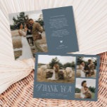 Rustic Elegance Photo Collage Wedding Steel Blue Thank You Card<br><div class="desc">Rustic and elegant wedding thank you card featuring a typography text that says "thank you" in a font that is mixed with script and serif fonts. This template has 3 pictures on the front and 1 on the back. The background colour is steel blue</div>