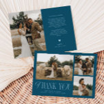 Rustic Elegance Photo Collage Wedding Teal Thank You Card<br><div class="desc">Rustic and elegant wedding thank you card featuring a typography text that says "thank you" in a font that is mixed with script and serif fonts. This template has 3 pictures on the front and 1 on the back. The background colour is teal blue.</div>