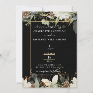 Rustic Elegance, Pinecone Border on Black  Invitation