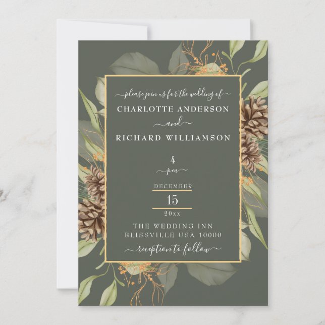 Rustic Elegance, Pinecone Frame on Moss Green Invitation (Front)