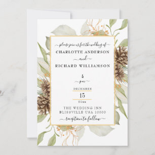 Rustic Elegance, Pinecone Frame on White Invitation