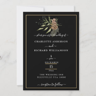Rustic Elegance, Pinecone & Greenery on Black Invitation