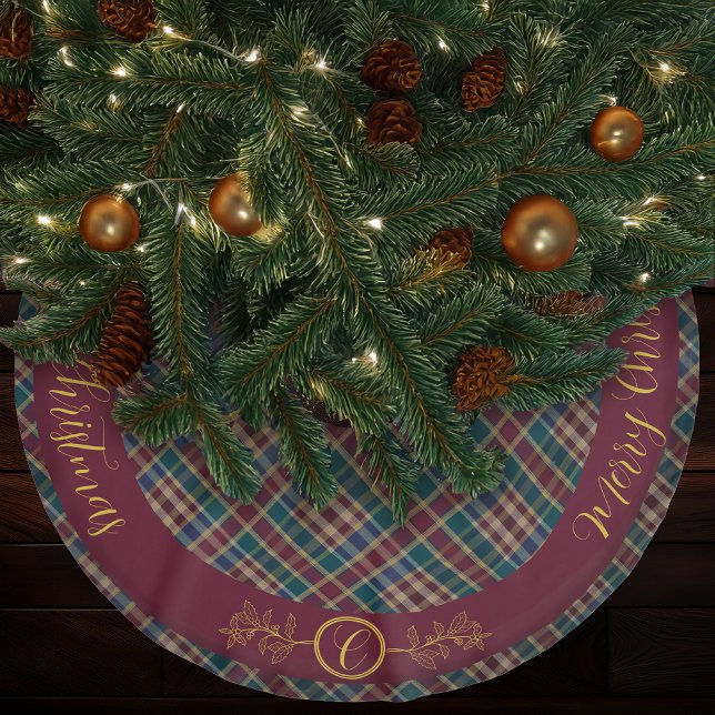 Rustic Elegance Plaid Cranberry Dk Blue Teal Green Brushed Polyester Tree Skirt (Elegant Gold Monogram Holly and Berries with Dark Rich Plaid Christmas Holiday Tree Skirt)