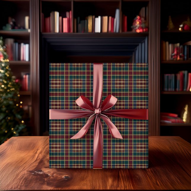 Rustic Elegance Plaid Cranberry Dk Blue Teal Green Wrapping Paper (Rustic Elegance Rich Dark Plaid in Cranberry Red, Dark Navy Blue and Dark Teal Green Wrapping Paper)
