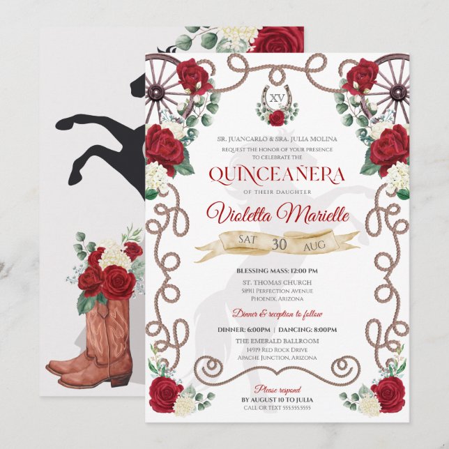 Rustic Elegance Red Rose Floral Charra Quinceañera Invitation (Front/Back)