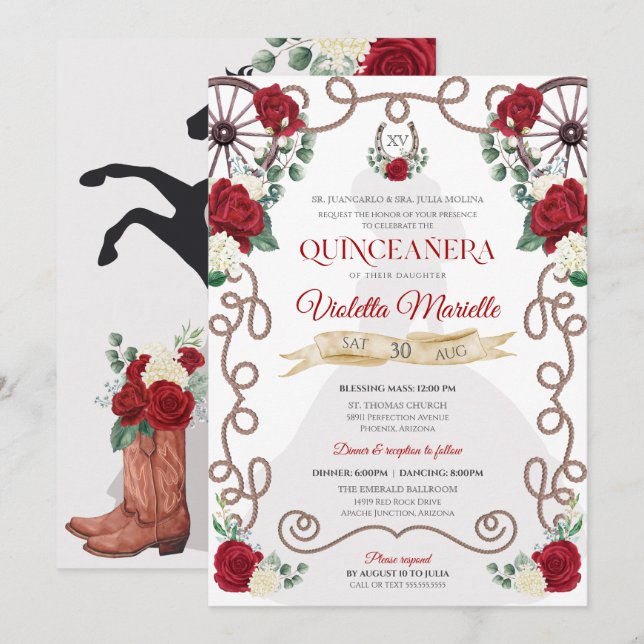 Rustic Elegance Red Rose Floral Charro Quinceanera Invitation (Front/Back)