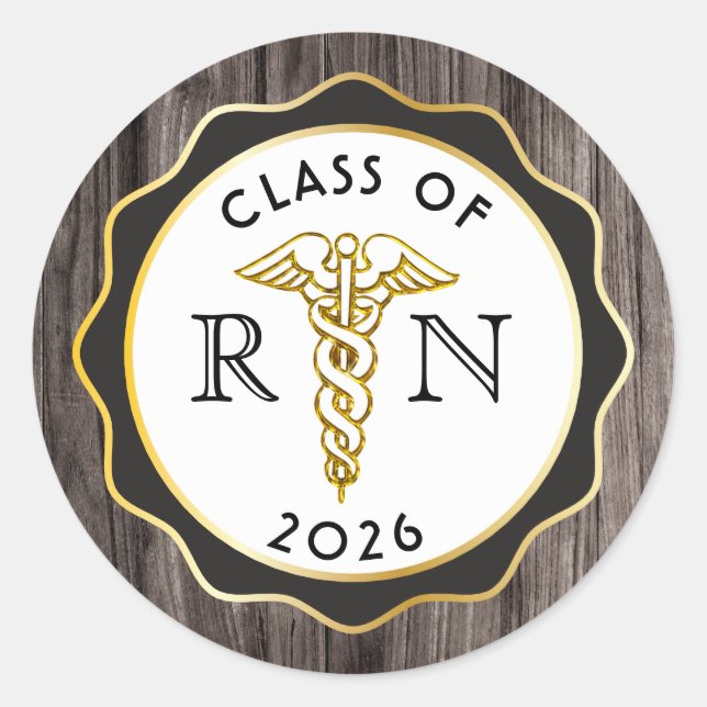 Rustic Elegance RN Caduceus Black | Gold Wood Classic Round Sticker (Front)