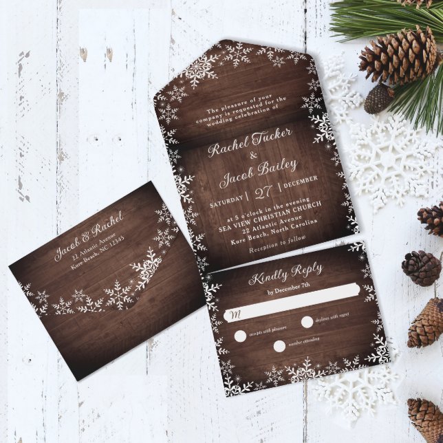 Rustic Elegance Snowflakes Wood Christmas Wedding All In One Invitation (Creator Uploaded)