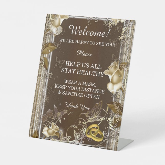 Rustic Elegance White Rose Wedding Safety  Pedestal Sign (Front)