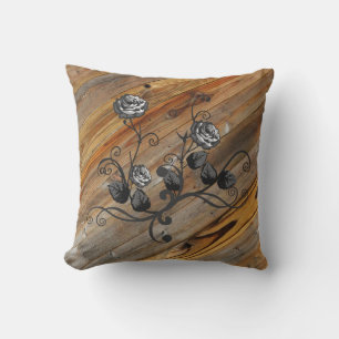 Rustic Elegance Wood And Roses Cushion