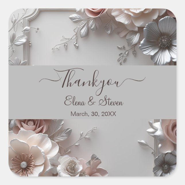 Rustic Elegant 3D Floral Wedding Square Sticker (Front)