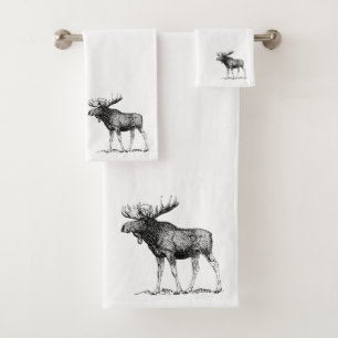 Rustic Elegant Black & White Moose Illustration Bath Towel Set