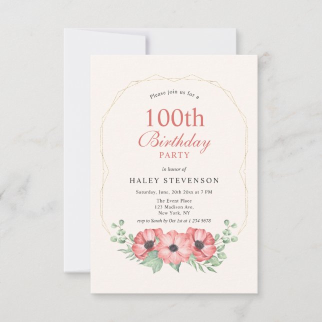 Rustic Elegant Blush Pink Floral 100th Birthday Invitation (Front)