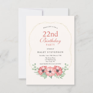 Rustic Elegant Blush Pink Floral 22nd Birthday Invitation