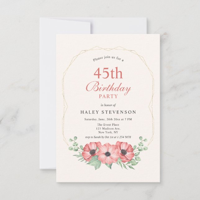 Rustic Elegant Blush Pink Floral 45th Birthday Invitation (Front)