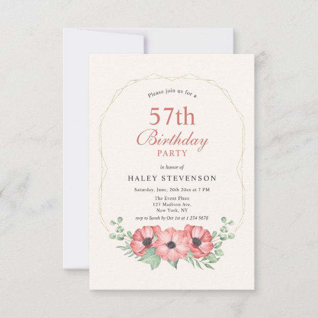Rustic Elegant Blush Pink Floral 57th Birthday Invitation (Front)