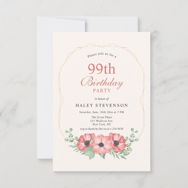 Rustic Elegant Blush Pink Floral 99th Birthday Invitation (Front)