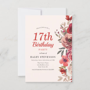 Rustic Elegant Boho Chic Floral 17th Birthday Invitation