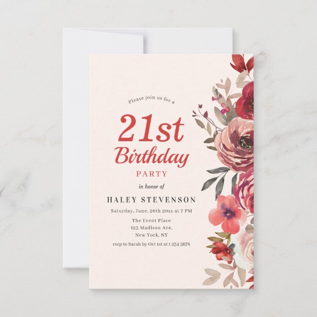 Rustic Elegant Boho Chic Floral 21st Birthday Invitation (Front)