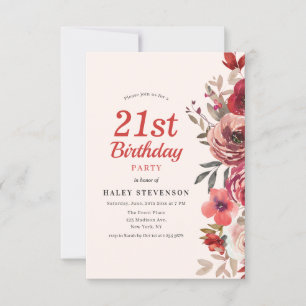 Rustic Elegant Boho Chic Floral 21st Birthday Invitation