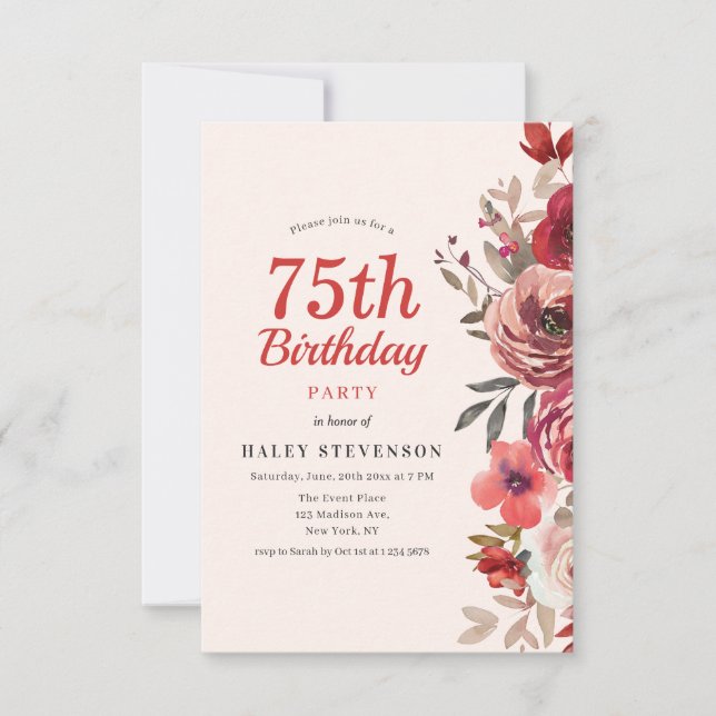 Rustic Elegant Boho Chic Floral 75th Birthday Invitation (Front)