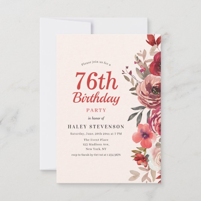 Rustic Elegant Boho Chic Floral 76th Birthday Invitation (Front)
