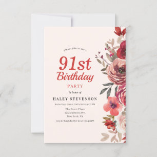 Rustic Elegant Boho Chic Floral 91st Birthday Invitation