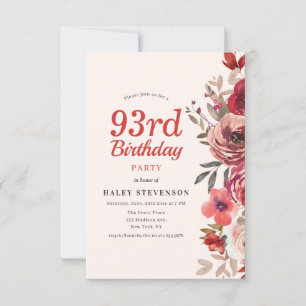 Rustic Elegant Boho Chic Floral 93rd Birthday Invitation
