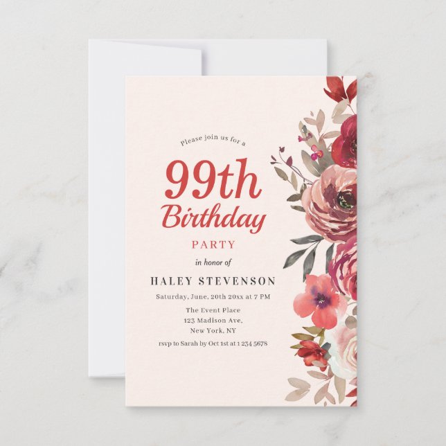 Rustic Elegant Boho Chic Floral 99th Birthday Invitation (Front)