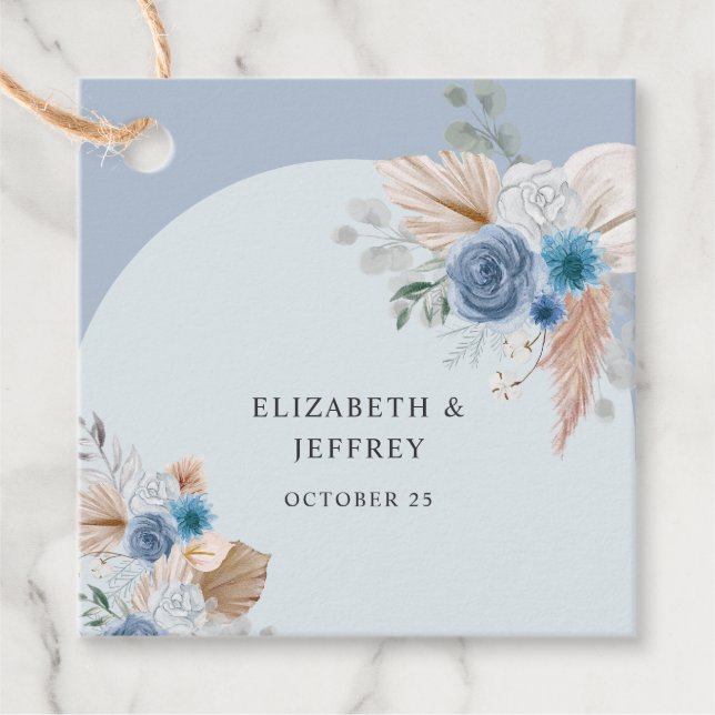 Rustic Elegant Boho Dusty Blue Pampas Wedding Favour Tags (Front)