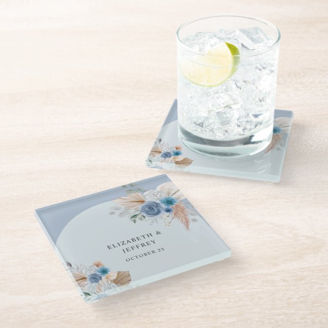 Rustic Elegant Boho Dusty Blue Pampas Wedding Glass Coaster (Angled)