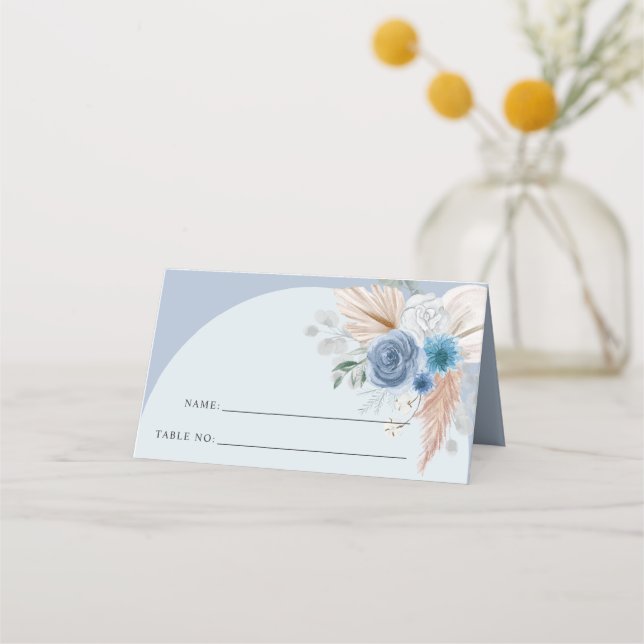 Rustic Elegant Boho Dusty Blue Pampas Wedding Place Card (Front)