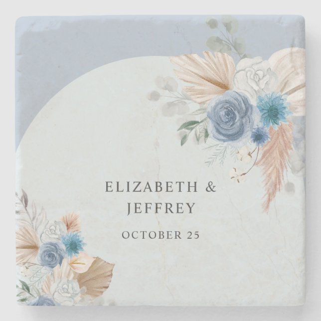 Rustic Elegant Boho Dusty Blue Pampas Wedding Stone Coaster (Front)