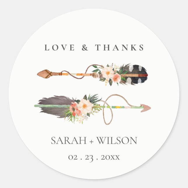 Rustic Elegant Boho Feather Floral Arrow Wedding Classic Round Sticker (Front)