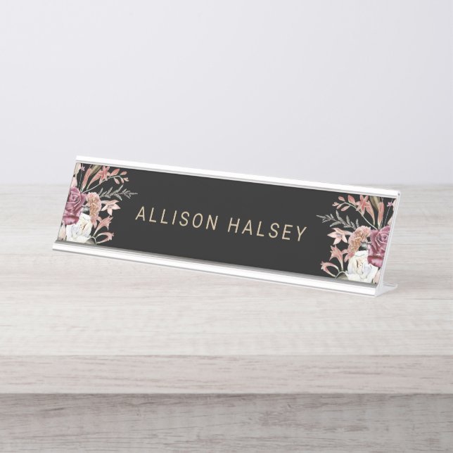 Rustic Elegant Boho Floral on Black with Name Desk Name Plate (Front)