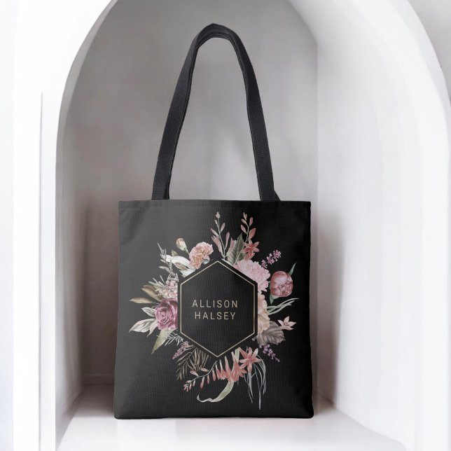 Rustic Elegant Boho Floral with Geometric Frame Tote Bag (Personalize with your name.)