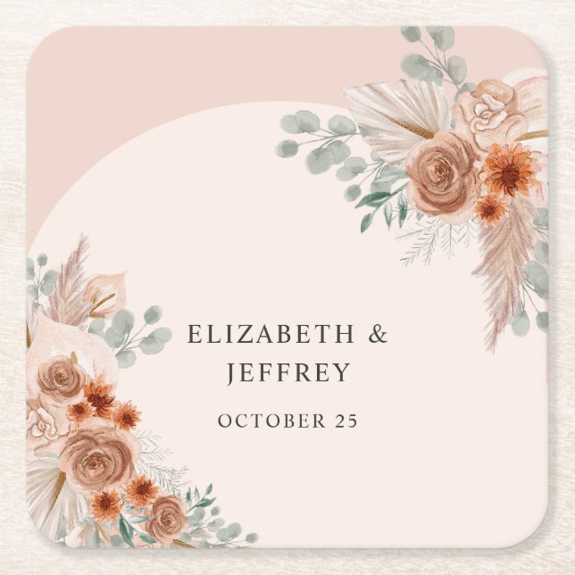 Rustic Elegant Boho Terracotta Pampas Wedding Square Paper Coaster (Front)