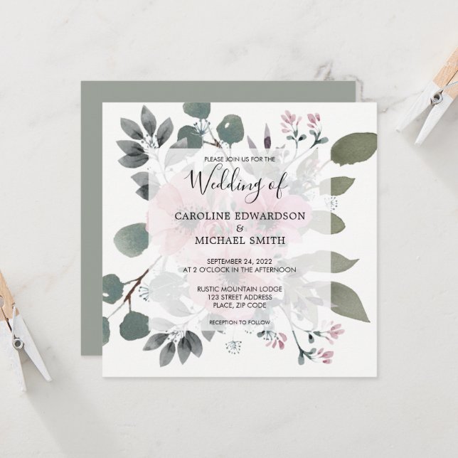 Rustic elegant botanical watercolor floral Wedding Invitation (Front/Back In Situ)