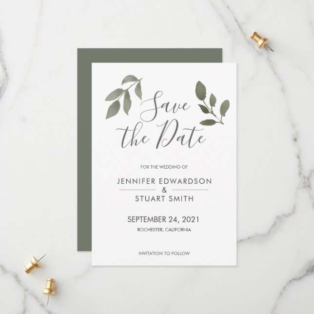 Rustic elegant botanical watercolor leaves wedding save the date (Front/Back In Situ)