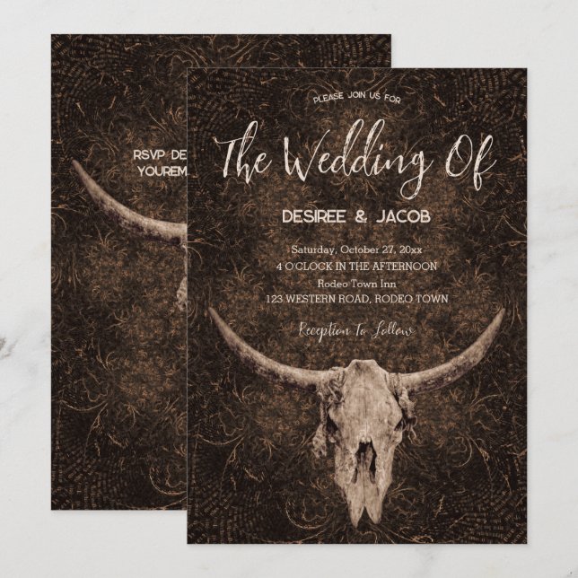 Rustic Elegant Brown Western Bull Skull Invitation (Front/Back)