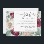 Rustic Elegant Burgundy and White Watercolor Roses Save The Date<br><div class="desc">With elegant rustic charm, this lovely wedding save the date design has cascading roses in burgundy and off-white watercolors with trailing eucalyptus and greenery. A white frame is offset a bit to the side to add contemporary asymmetrical style to the design. A pale grayl-beige background adds depth and richness. The...</div>