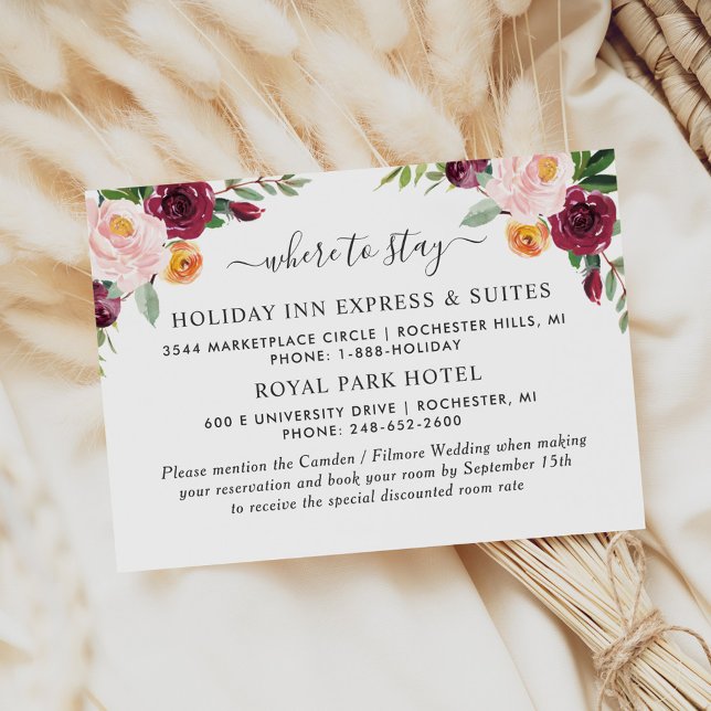 Rustic Elegant Burgundy Blush Floral Wedding Hotel Enclosure Card (Creator Uploaded)