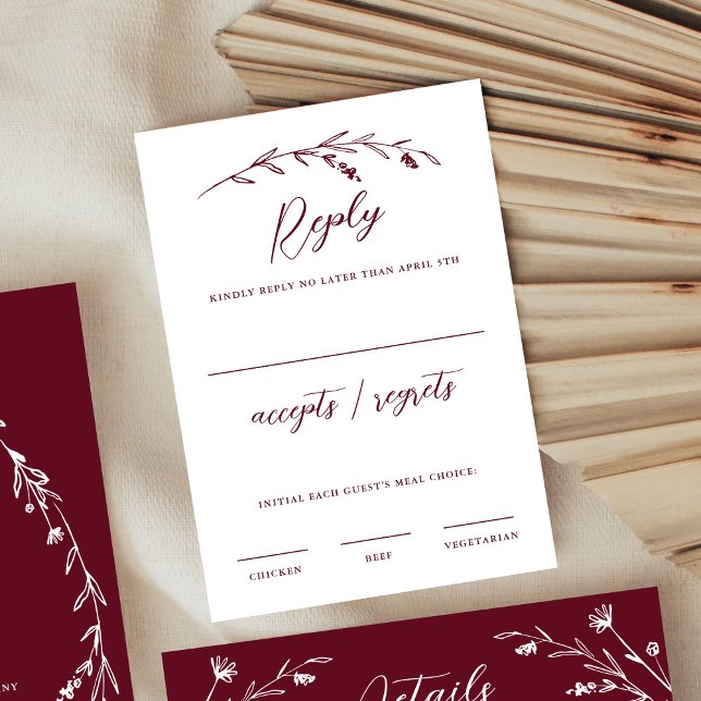 Rustic Elegant Burgundy Wildflower Wedding RSVP Card (Creator Uploaded)