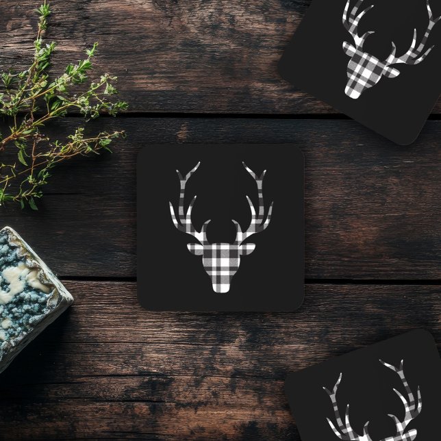 Rustic Elegant Christmas Plaid Deer  Coaster (elegant chic black plaid deer coaster )