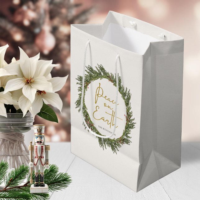 Rustic Elegant Christmas Wreath Peace on Earth Medium Gift Bag (Rustic Elegant Christmas Wreath Peace on Earth Medium Gift Bag)