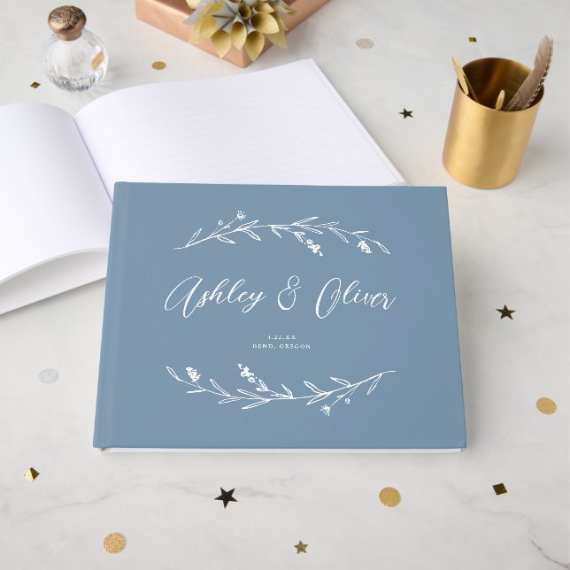Rustic Elegant Dusty Blue Wildflowers Wedding Guest Book (Front Open)